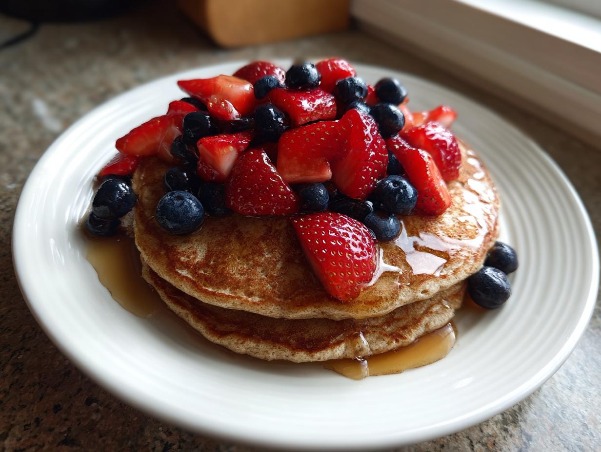 Stack of three whole wheat pancakes topped with fresh strawberries, blueberries, and maple syrup, perfect for Healthy Valentine’s Breakfast Ideas.