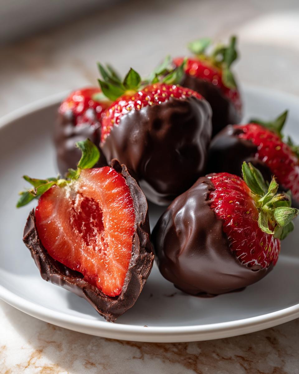 Close-up of dark chocolate covered strawberries, one cut in half showing the bright red interior, perfect for Valentine’s Day Healthy Treats.