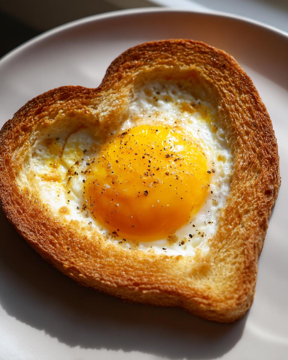 Close-up of perfectly cooked Heart-Shaped Egg Toast with a bright, runny yolk sprinkled with pepper.