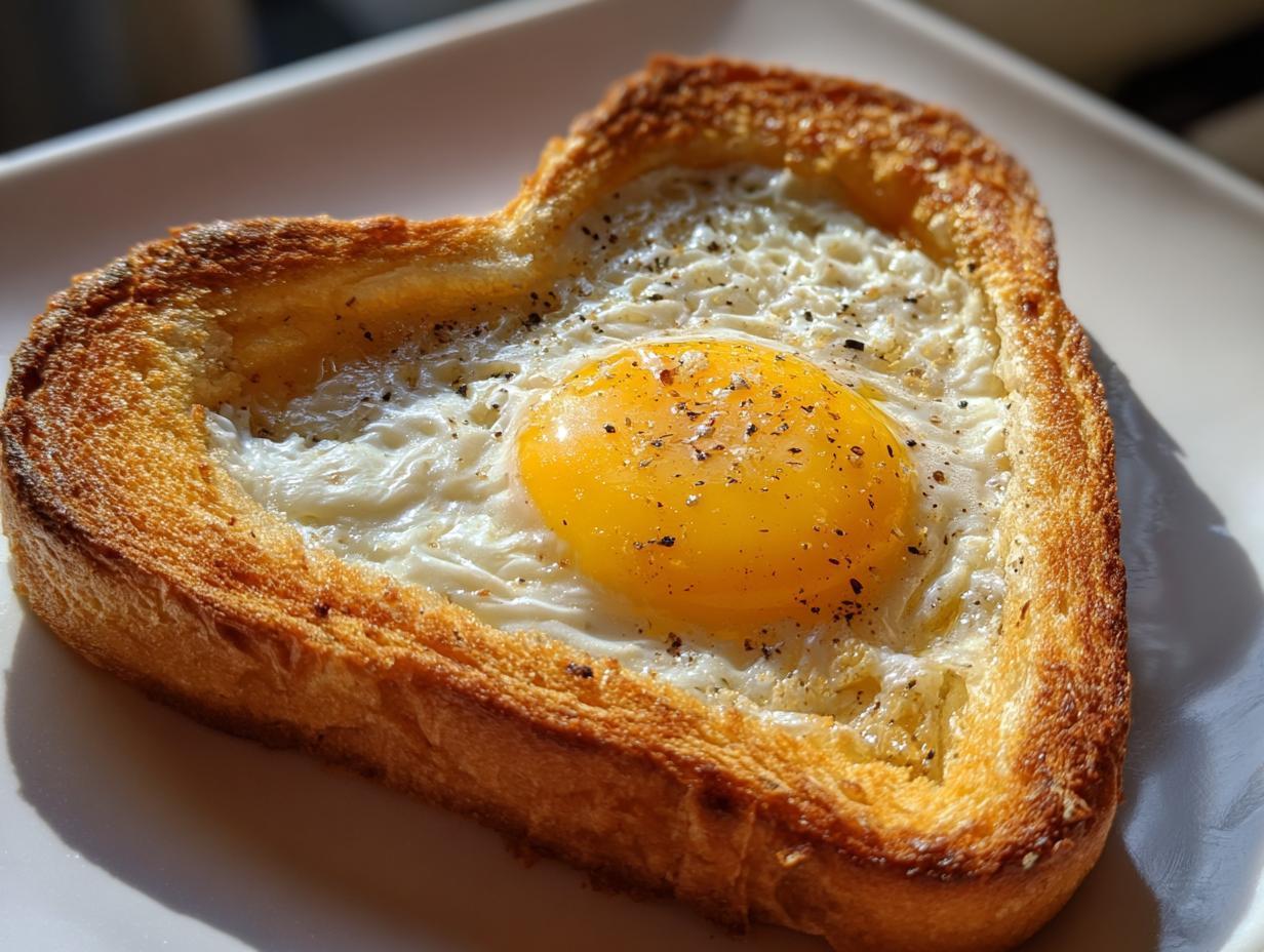A close-up of perfectly cooked Heart-Shaped Egg Toast with a bright yellow yolk and black pepper seasoning.