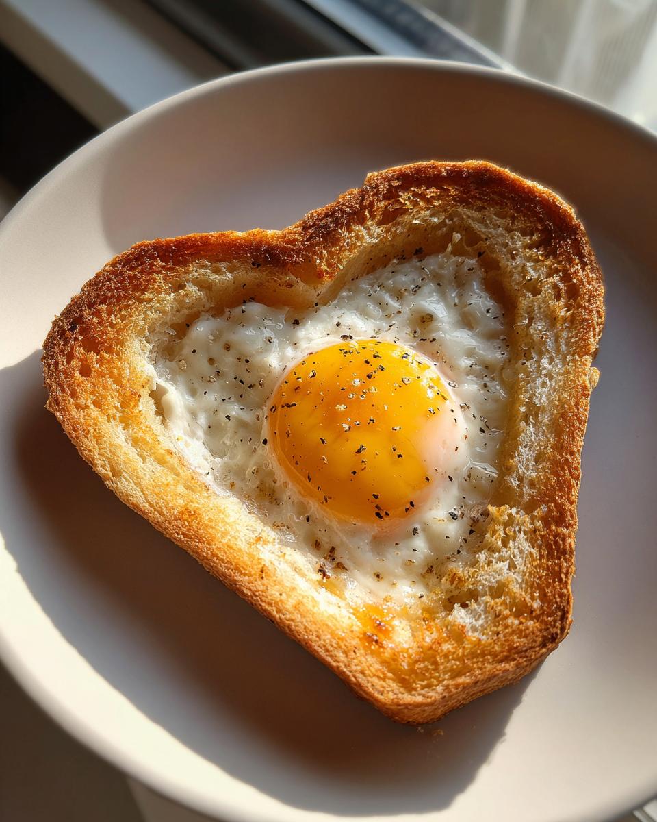 A perfectly cooked Heart-Shaped Egg Toast with a bright yellow yolk, seasoned with pepper, on a light plate.