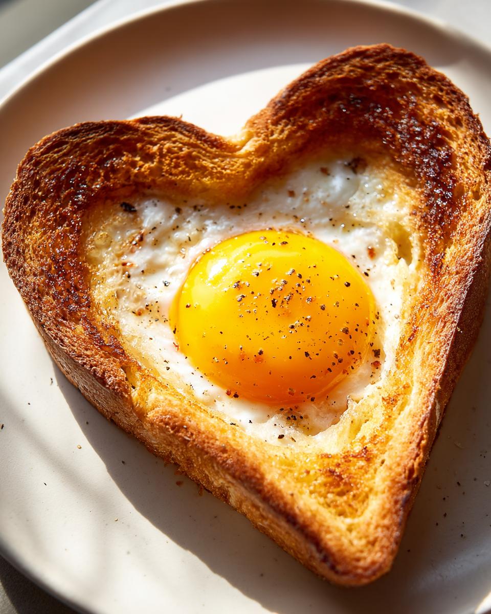 Close-up of perfectly cooked Heart-Shaped Egg Toast with a bright, runny yolk seasoned with pepper.