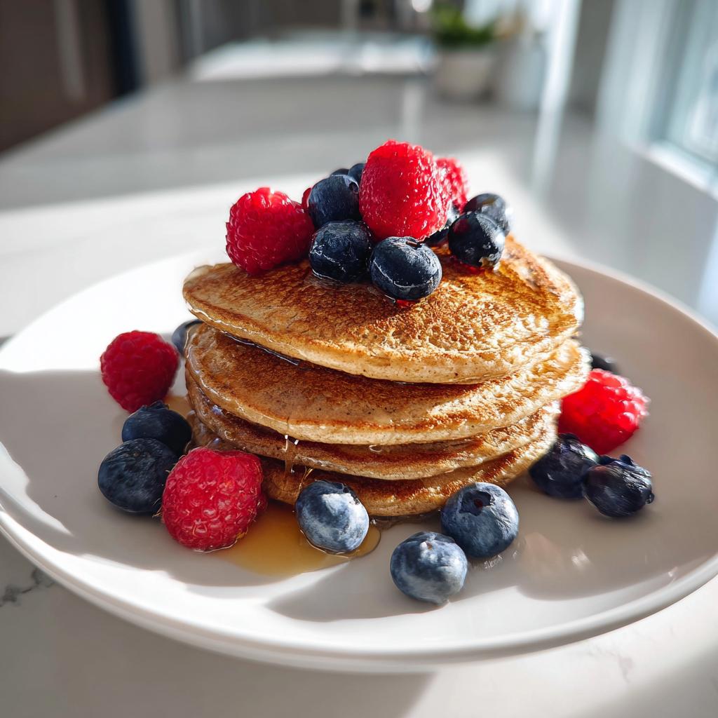 A stack of three Heart-Shaped Protein Pancakes topped with fresh raspberries and blueberries, drizzled with syrup.