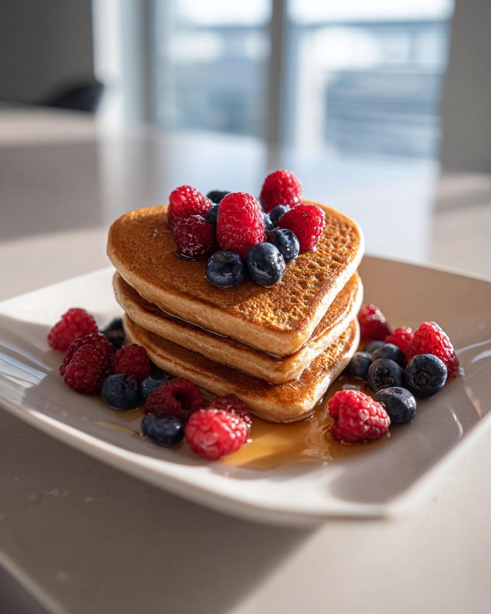 A stack of three heart-shaped protein pancakes topped with fresh raspberries and blueberries, drizzled with syrup.