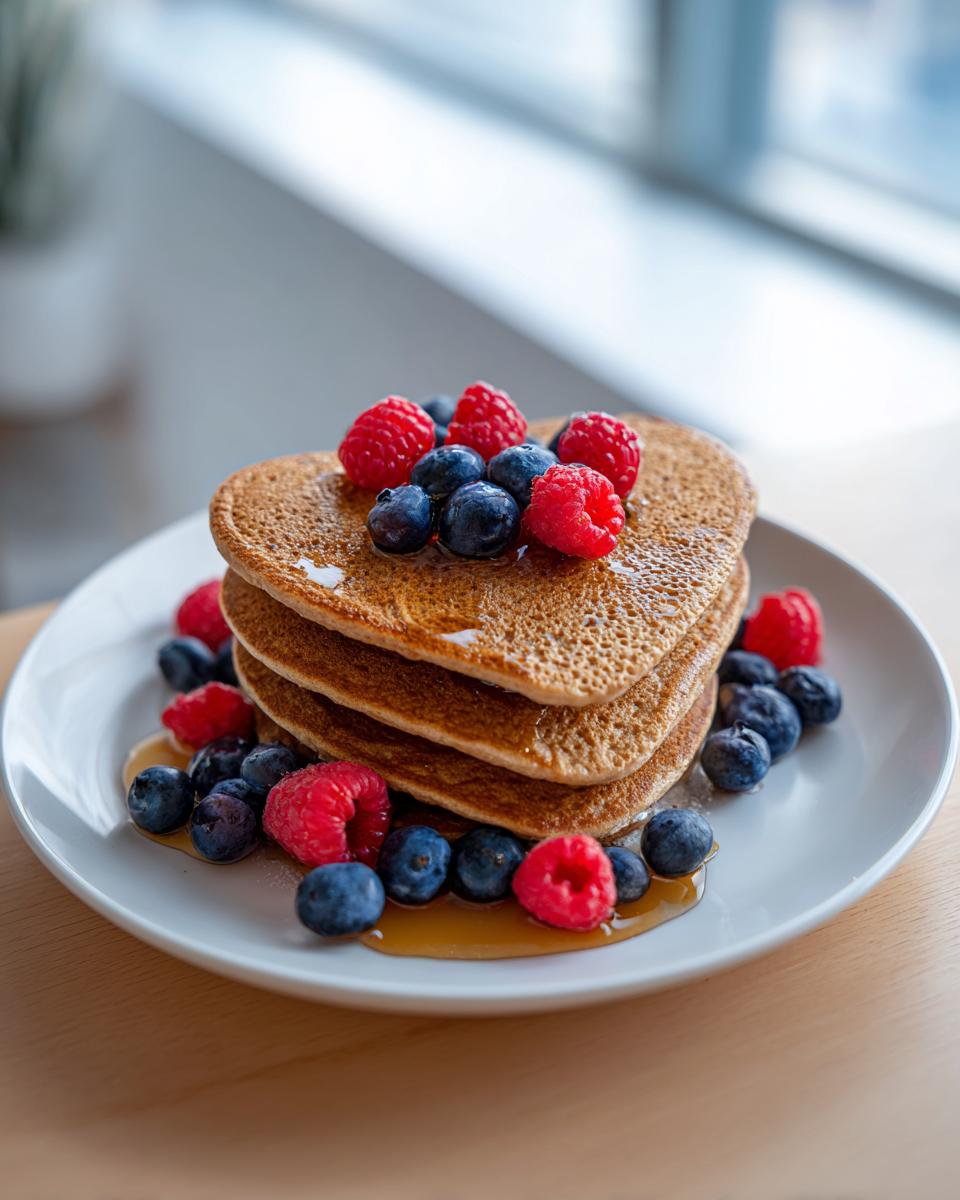 A stack of three heart-shaped protein pancakes topped with fresh raspberries and blueberries, drizzled with syrup.
