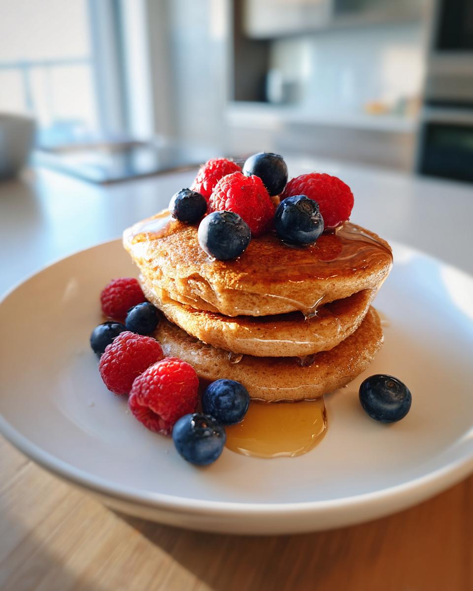 A stack of three Heart-Shaped Protein Pancakes drizzled with syrup and topped with fresh raspberries and blueberries.