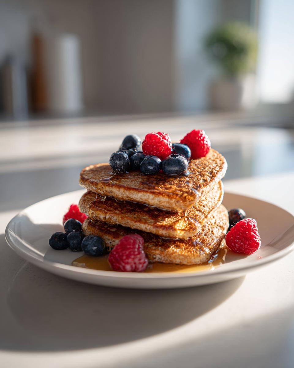 A stack of three Heart-Shaped Protein Pancakes drizzled with syrup and topped with fresh blueberries and raspberries.