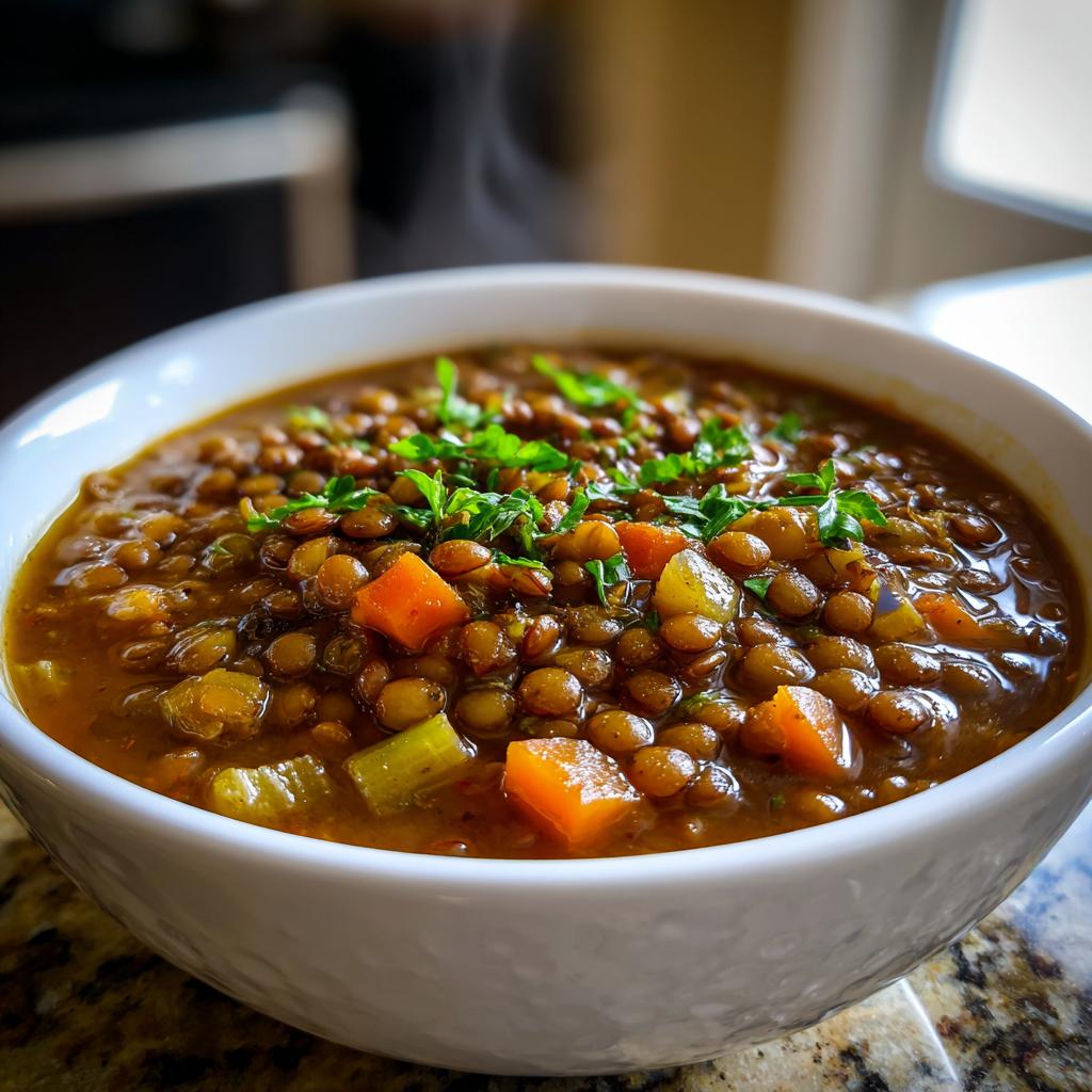 A close-up of a bowl of rich, brown lentil soup with diced carrots and celery, topped with fresh parsley, perfect for Healthy Winter Soup Ideas.