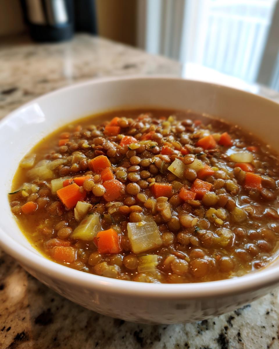 A close-up of a steaming bowl of hearty lentil soup with diced carrots and onions, perfect for Healthy Winter Soup Ideas.