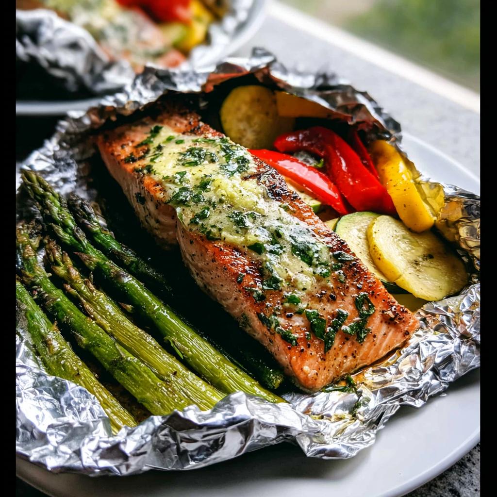 Cooked Herb Butter Salmon in a foil packet served with roasted asparagus and sliced vegetables.