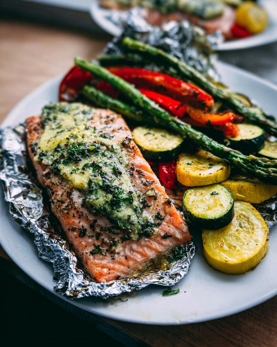 Cooked Herb Butter Salmon (Foil Pack) served on a white plate with grilled asparagus, zucchini, and red peppers.
