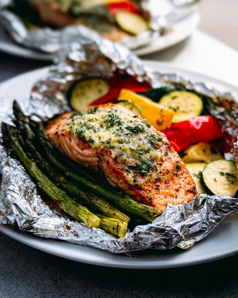 Close-up of Herb Butter Salmon (Foil Pack) served with roasted asparagus and sliced zucchini on a white plate.