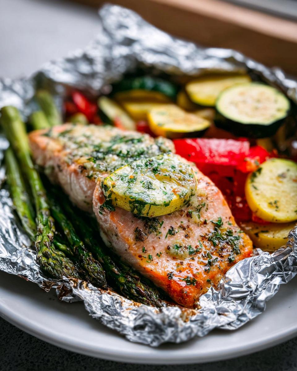 Close-up of perfectly cooked Herb Butter Salmon (Foil Pack) served with roasted asparagus and sliced zucchini.