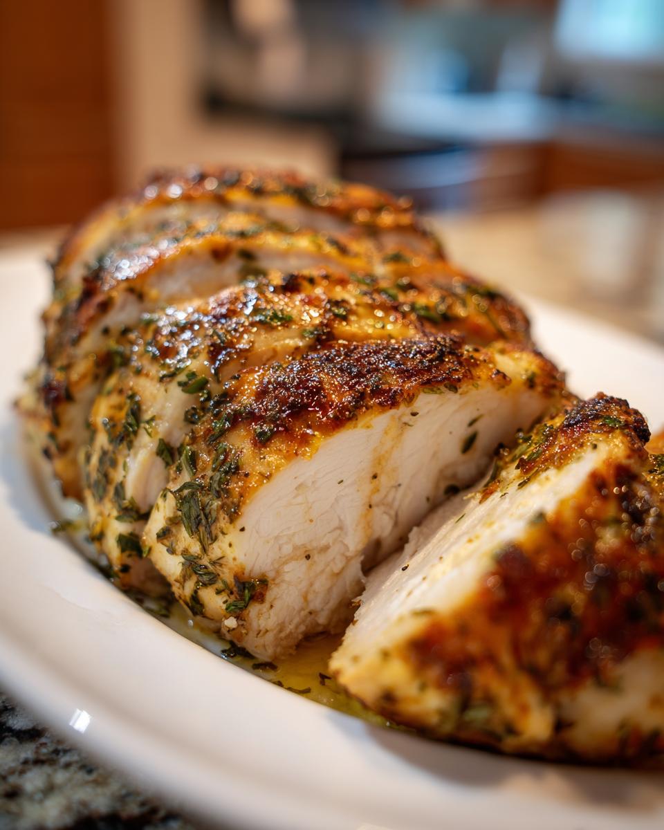Close-up of sliced, herb-crusted roasted chicken breast, perfect for Simple Dinner Ideas.