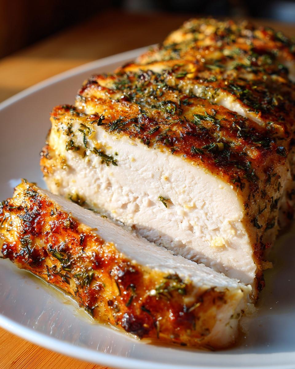 Close-up of sliced, herb-crusted baked chicken breast, a perfect example of Simple Dinner Ideas.