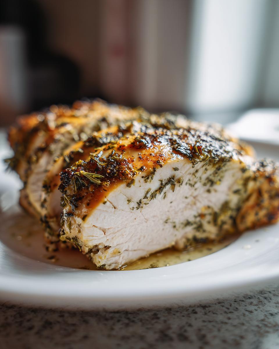 Close-up of sliced, herb-crusted chicken breast, a perfect example of Simple Dinner Ideas.