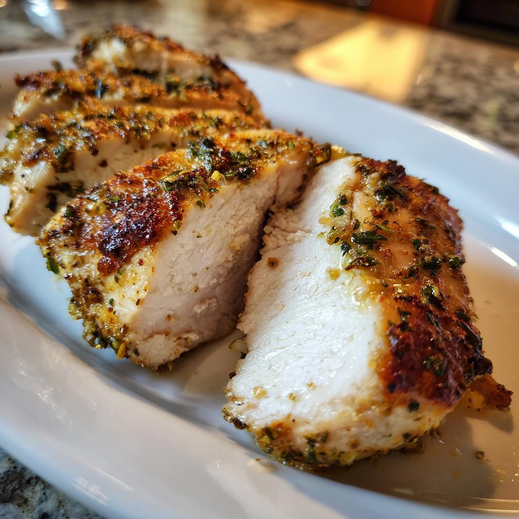Close-up of sliced, juicy herb-crusted chicken breast, perfect for Simple Dinner Ideas.