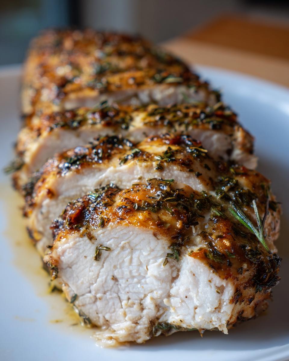 Close-up of sliced, herb-crusted pork loin, a perfect example of Simple Dinner Ideas.