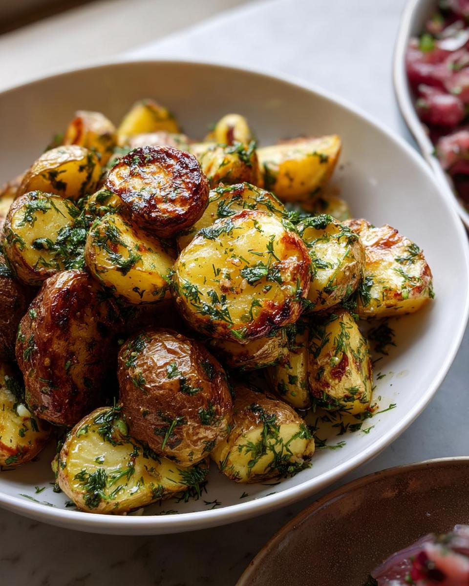 Close-up of golden, crispy Herb Roasted Baby Potatoes tossed generously with fresh green herbs.