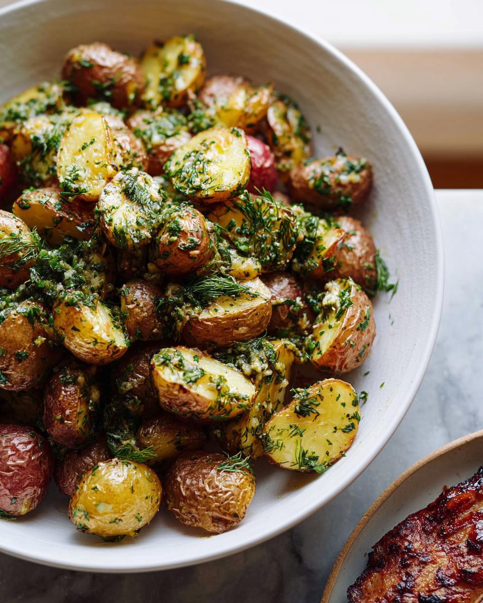 A close-up of Herb Roasted Baby Potatoes tossed generously with fresh green herbs like dill and parsley in a white bowl.