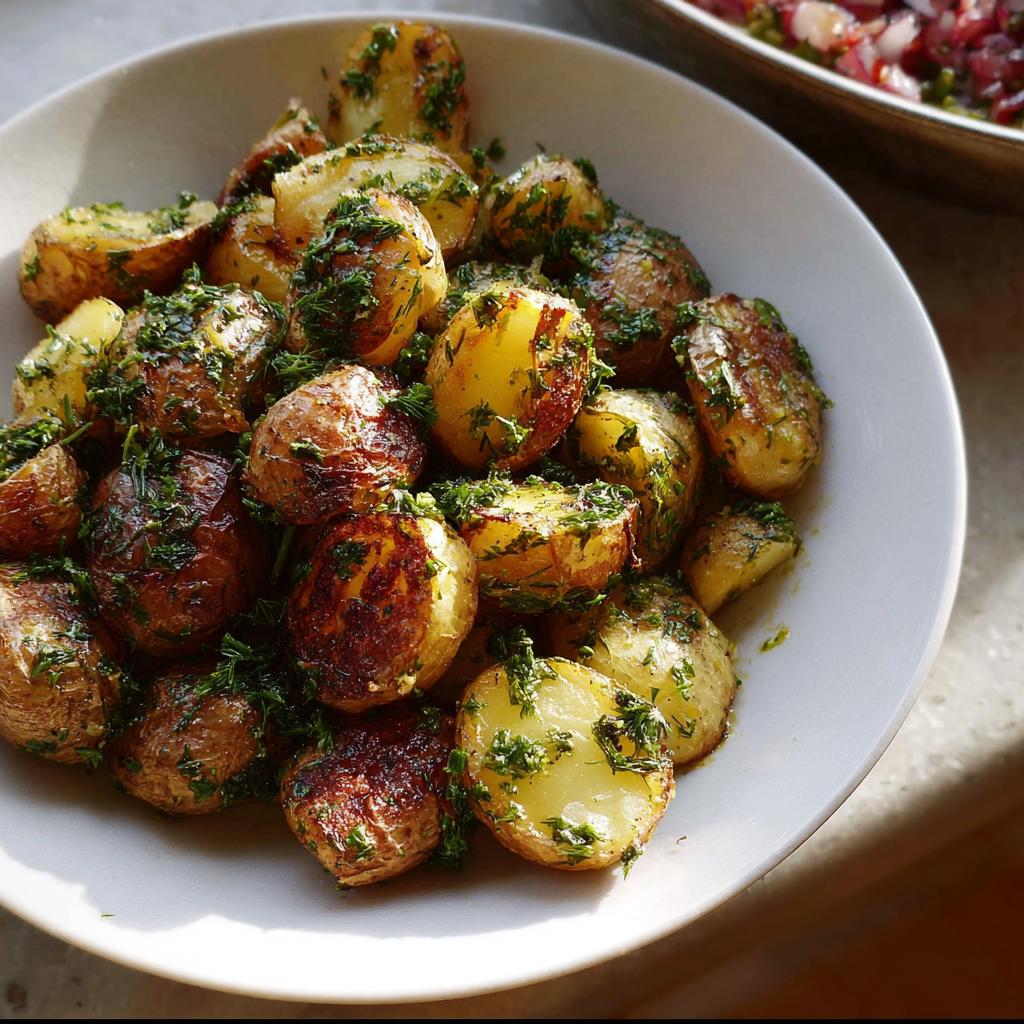 A white bowl filled with golden, crispy Herb Roasted Baby Potatoes generously tossed in fresh, chopped green herbs.