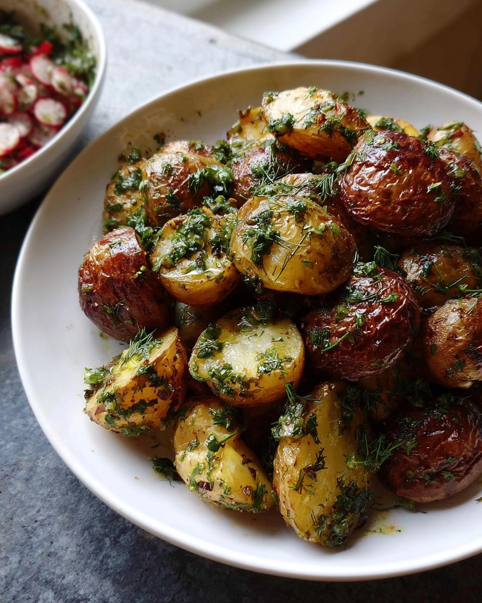 A white plate filled with golden brown Herb Roasted Baby Potatoes, generously coated in green herbs.
