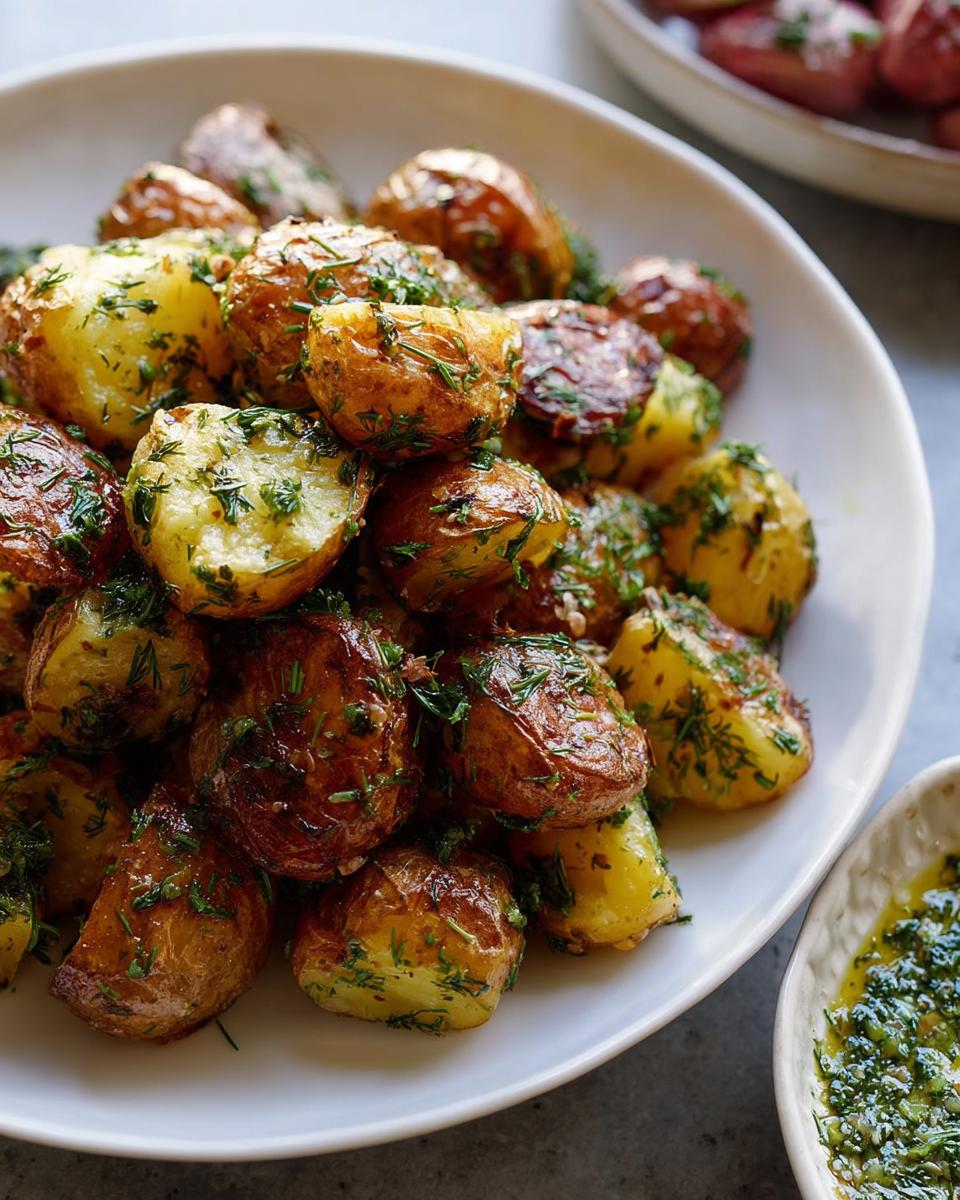 A white bowl filled with golden brown Herb Roasted Baby Potatoes tossed generously with fresh green herbs.