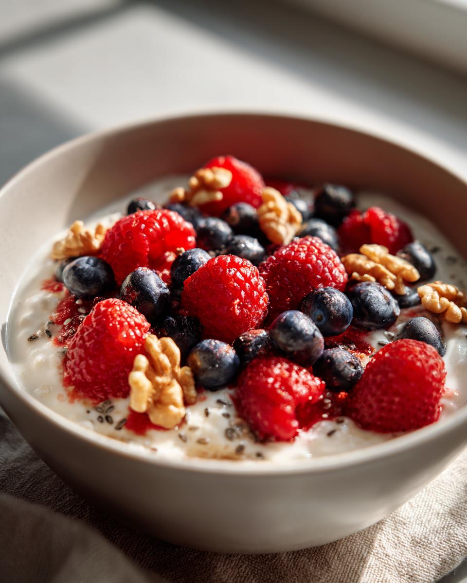 Close-up of a High-Protein Greek Yogurt Breakfast Bowl topped with raspberries, blueberries, and walnuts.