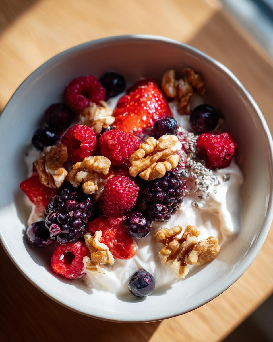 Close-up of a High-Protein Greek Yogurt Breakfast Bowl topped with mixed berries, walnuts, and chia seeds.