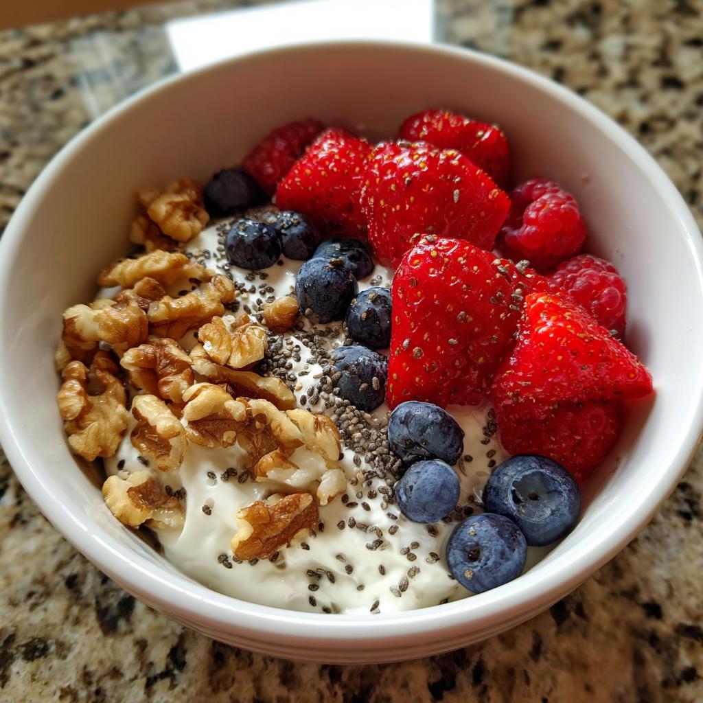 Close-up of a High-Protein Greek Yogurt Breakfast Bowl topped with strawberries, blueberries, walnuts, and chia seeds.
