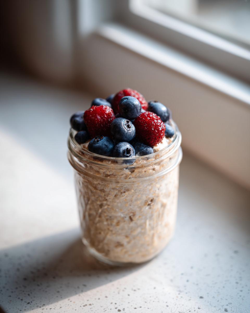A glass jar filled with High-Protein Overnight Oats topped generously with fresh blueberries and raspberries.