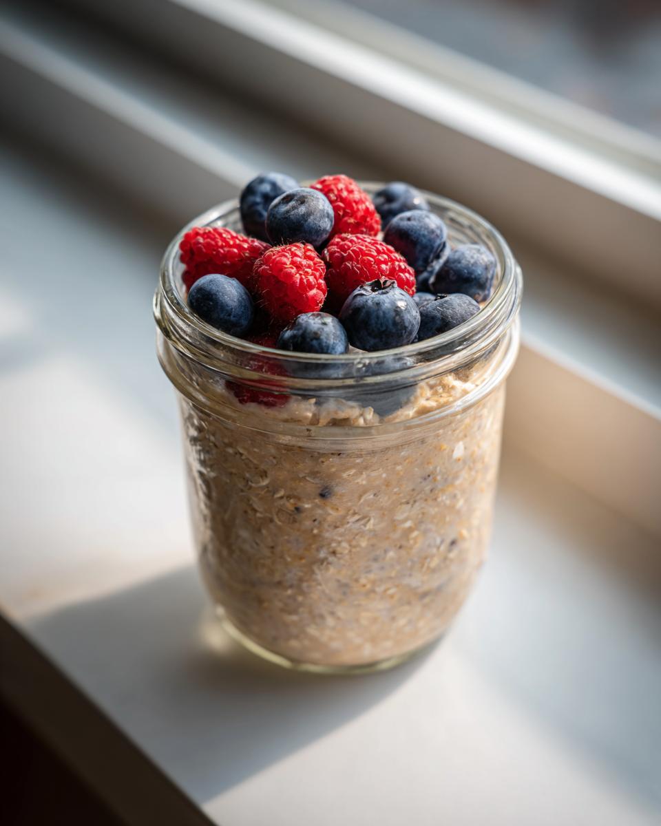 A glass jar filled with High-Protein Overnight Oats, topped generously with fresh blueberries and raspberries.