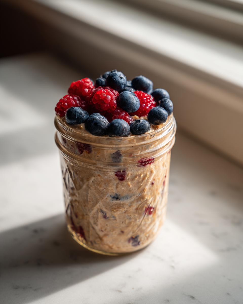 A mason jar filled with High-Protein Overnight Oats topped generously with fresh blueberries and raspberries.