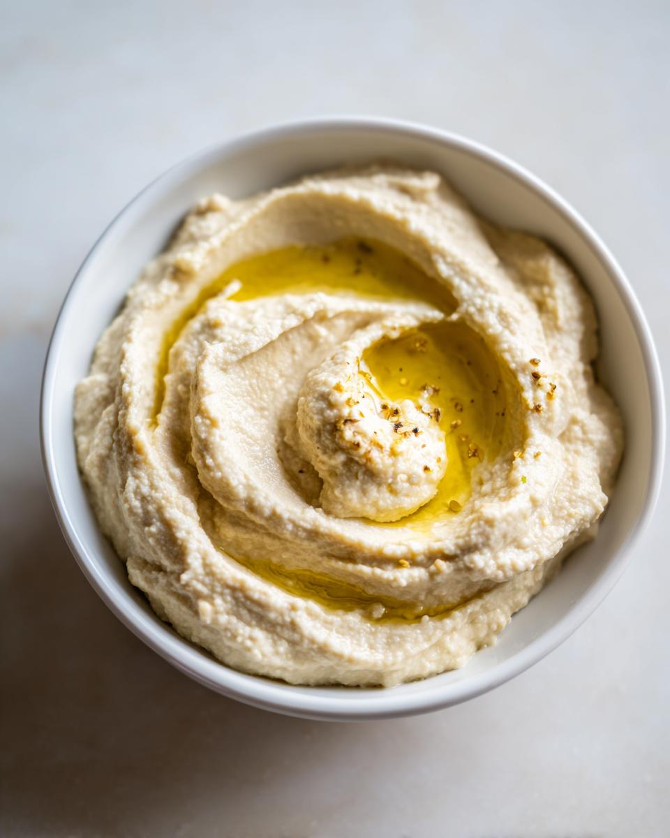 A close-up overhead shot of creamy Homemade Hummus Recipe swirled in a white bowl, drizzled with olive oil and spices.