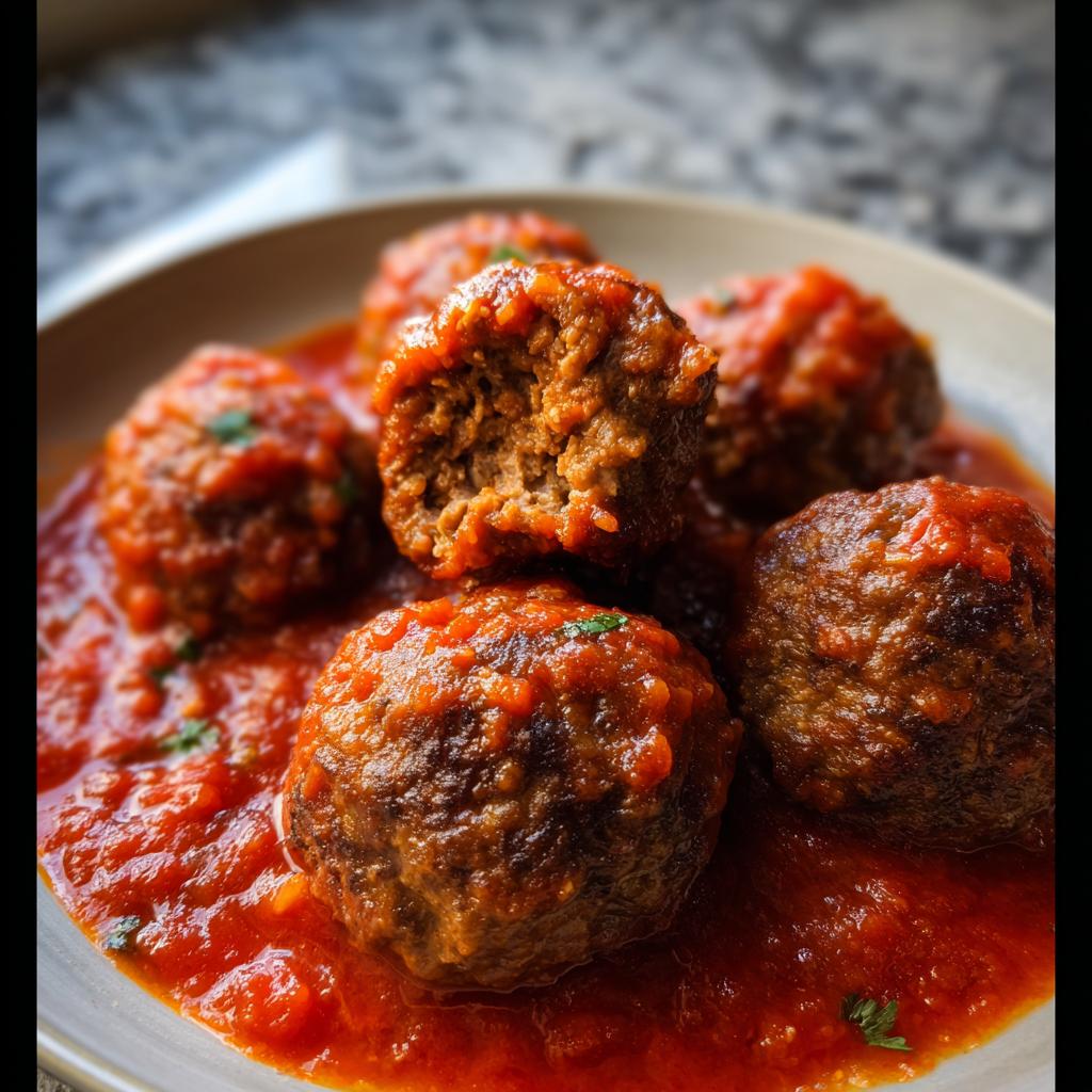 Close-up of several juicy Homemade Meatballs (Oven-Baked) smothered in rich tomato sauce, one is cut open.