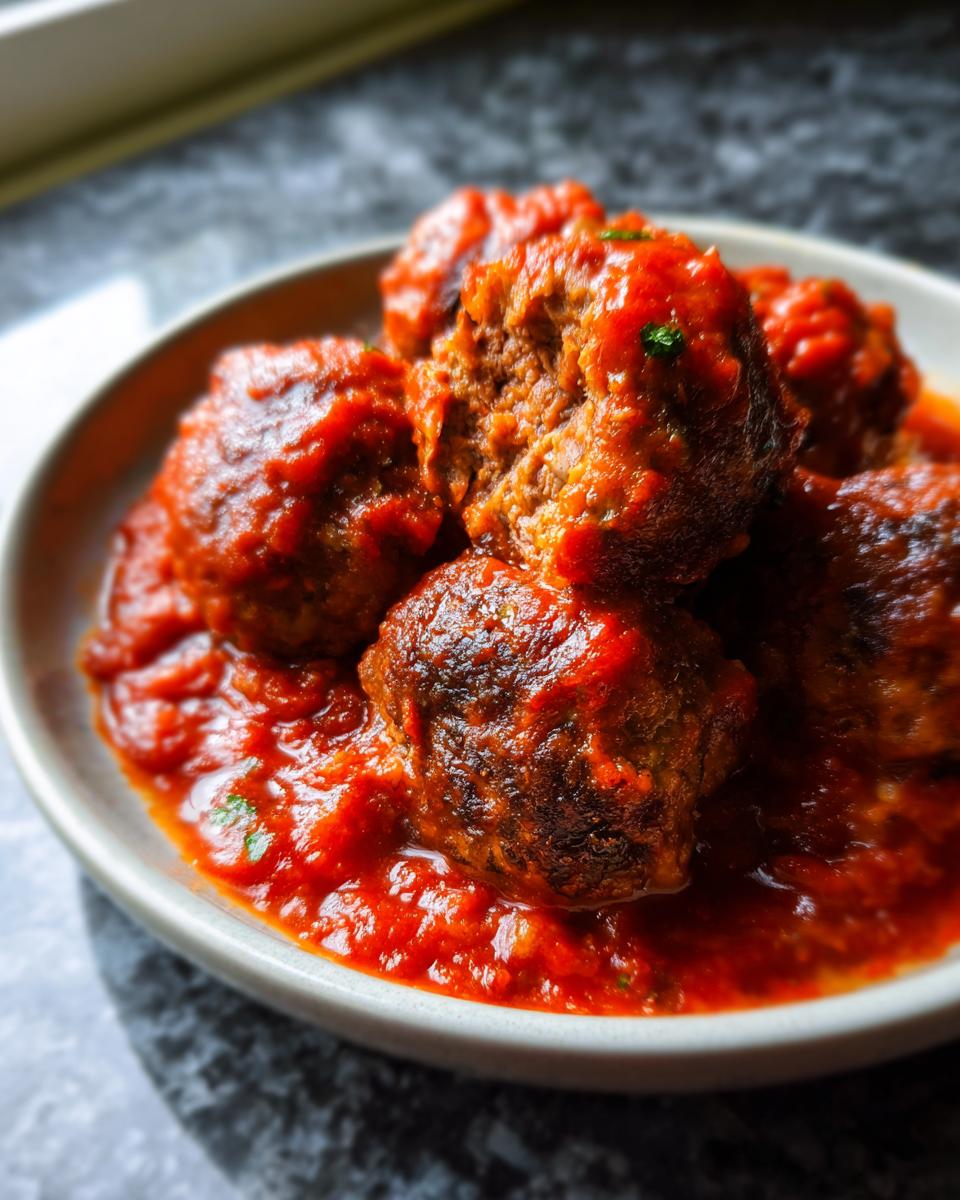 Close-up of several Homemade Meatballs (Oven-Baked) smothered in rich, red tomato sauce in a light bowl.