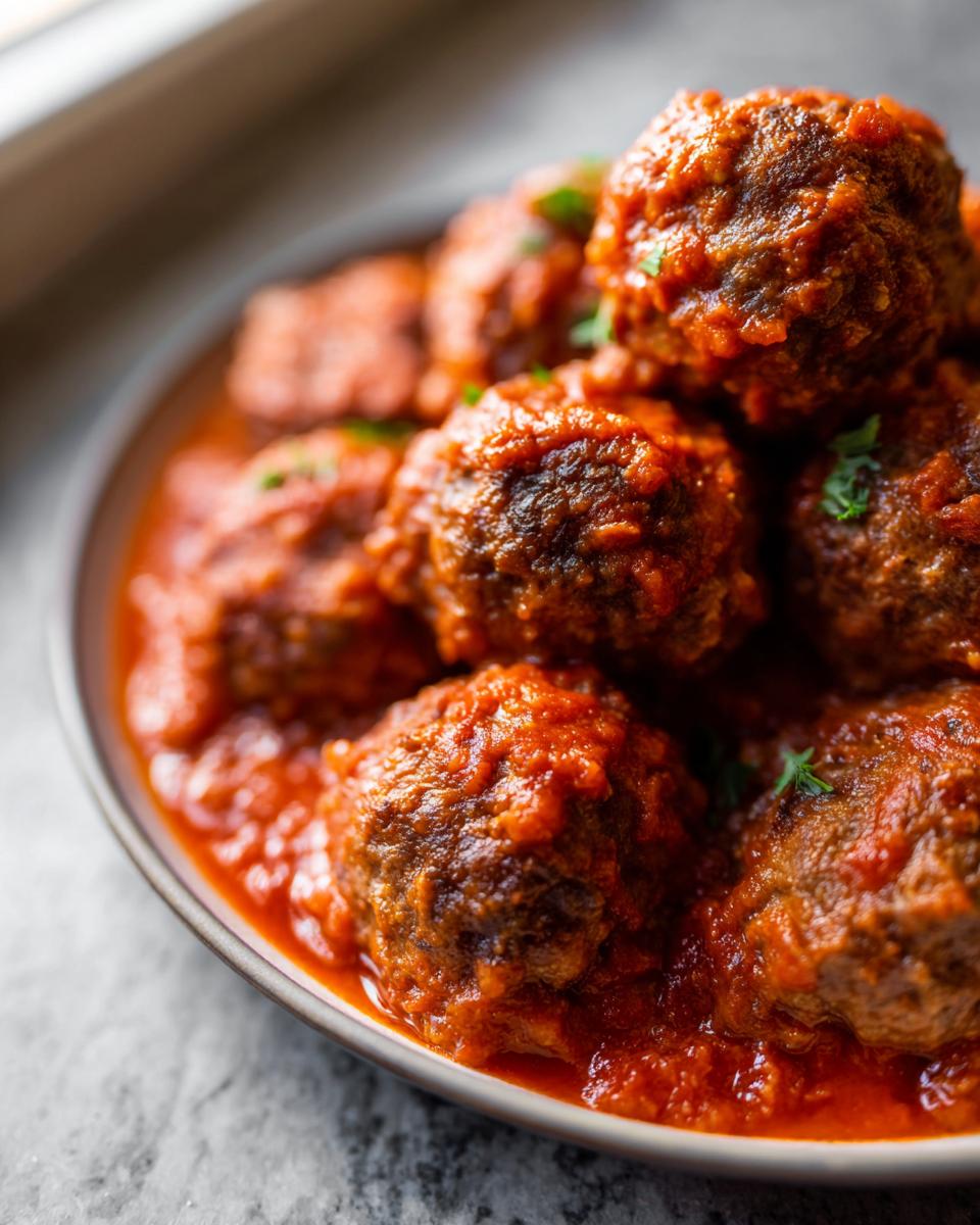Close-up of several rich, oven-baked Homemade Meatballs smothered in thick, vibrant tomato sauce.