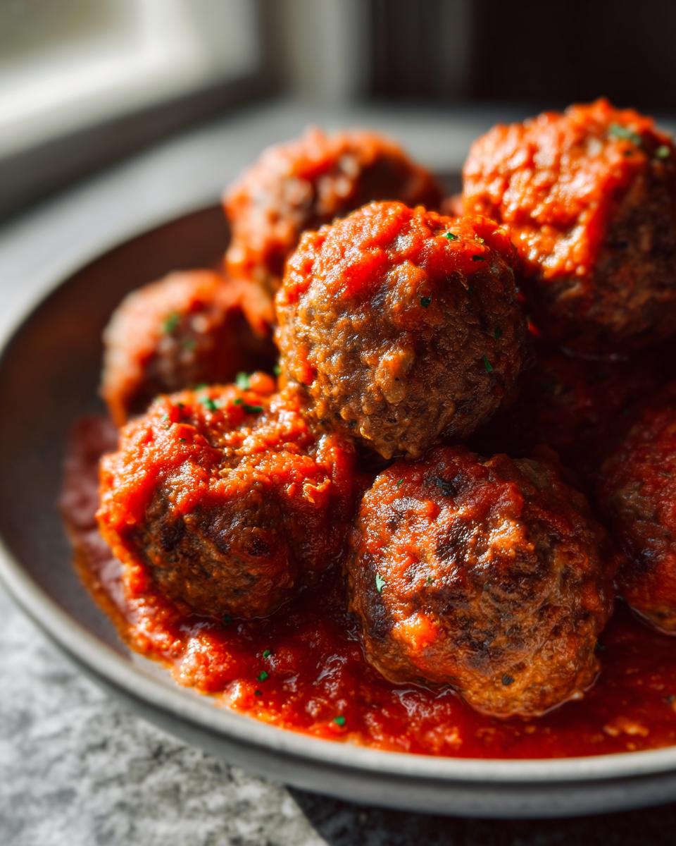 Close-up of several juicy Homemade Meatballs (Oven-Baked) smothered in rich, bright red tomato sauce.