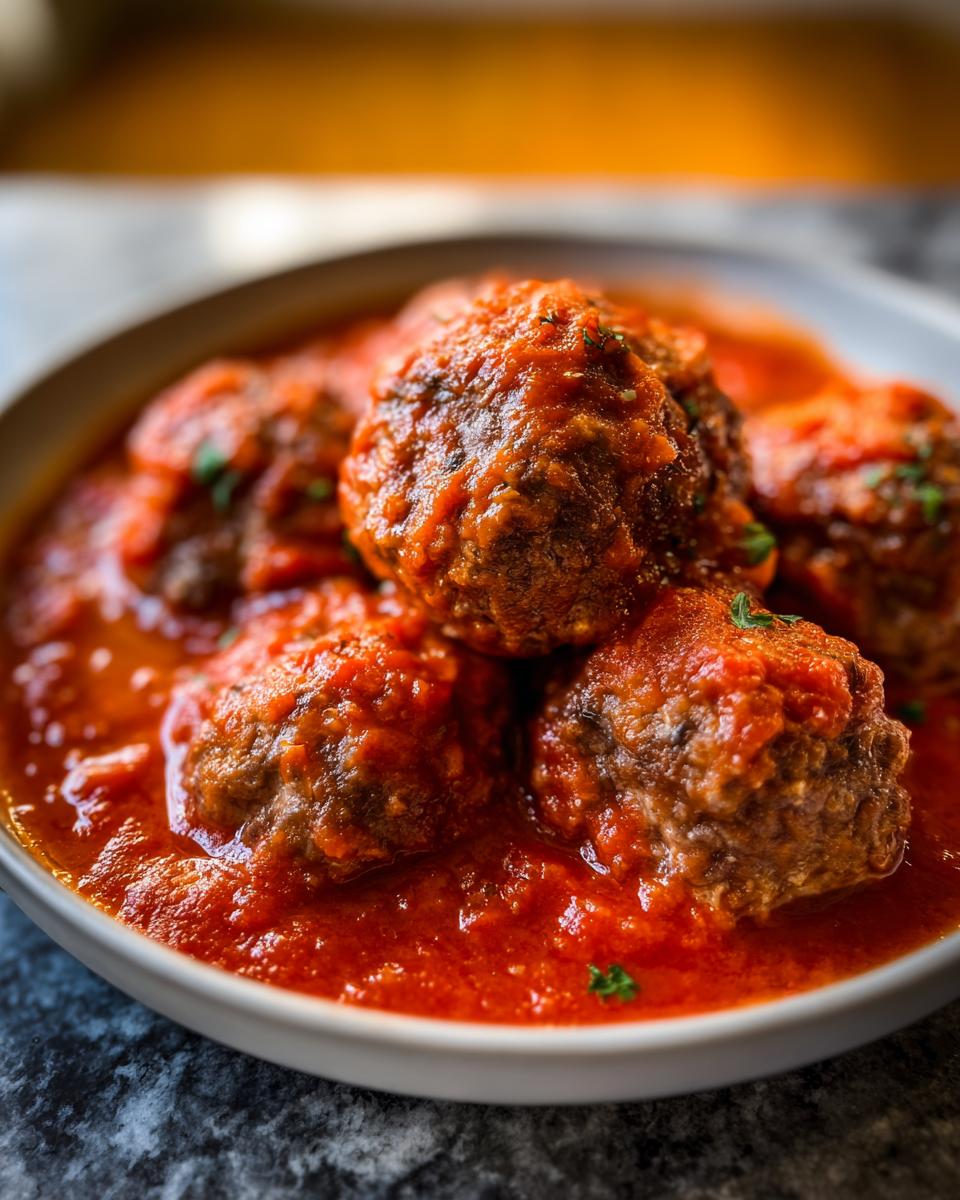 Close-up of several juicy Homemade Meatballs (Oven-Baked) simmering in rich, thick tomato sauce.