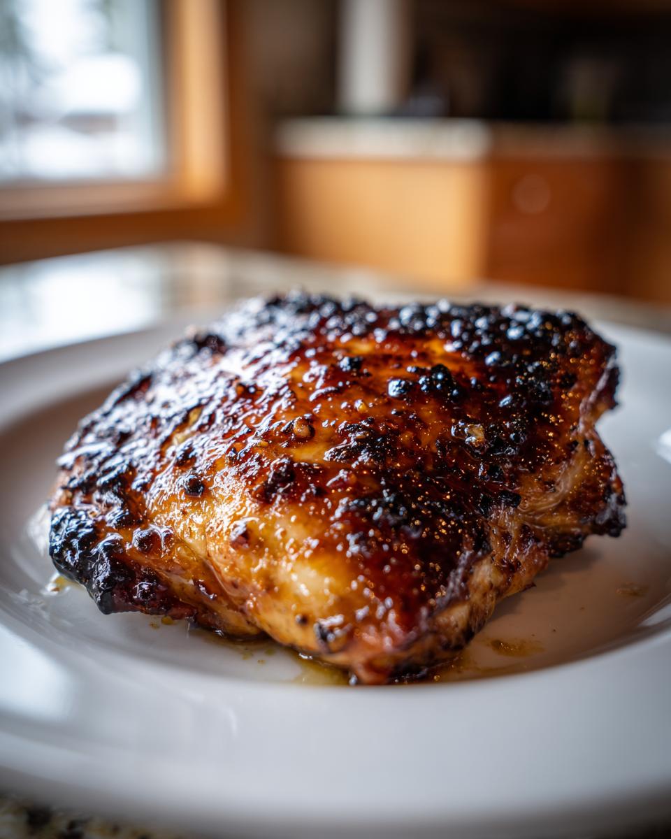 A close-up of a perfectly cooked Honey Garlic Chicken Thighs with a sticky, caramelized glaze on a white plate.