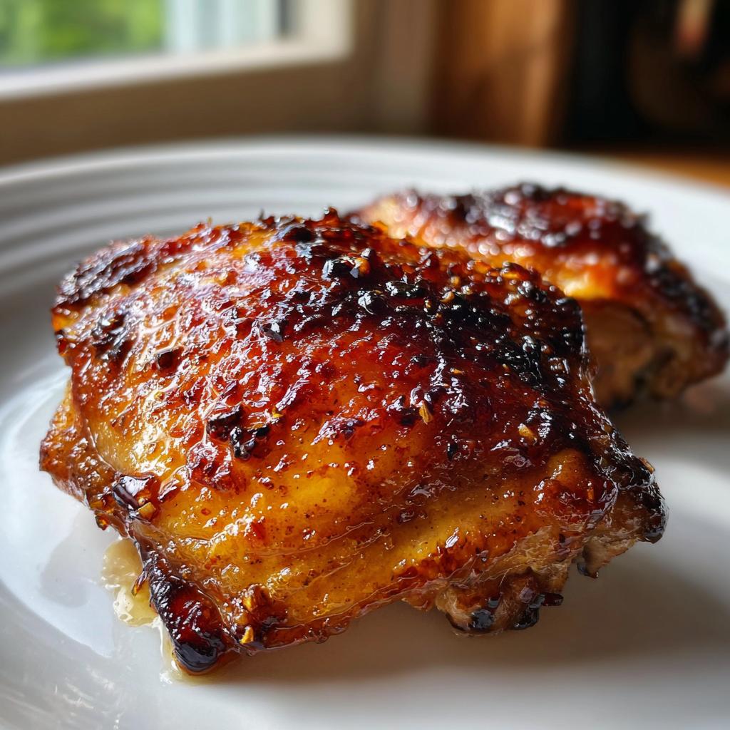 Close-up of two perfectly glazed Honey Garlic Chicken Thighs with crispy, caramelized skin.