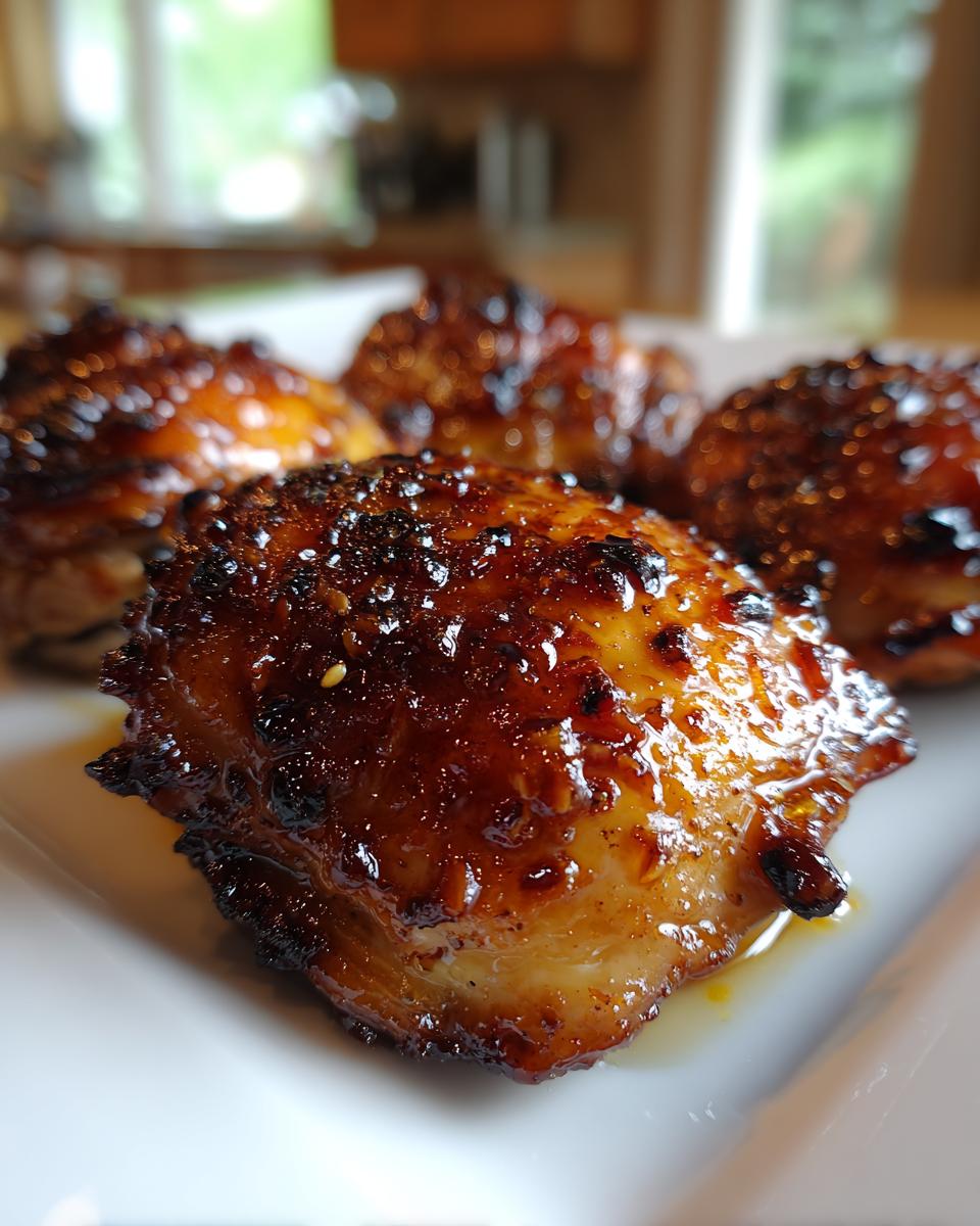 Close-up of four glazed Honey Garlic Chicken Thighs with a sticky, caramelized honey-garlic sauce.