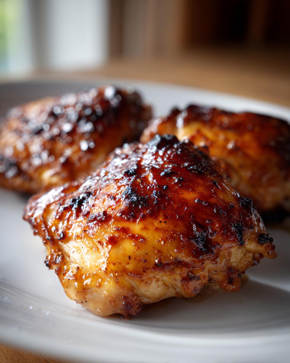 Close-up of three perfectly cooked Honey Garlic Chicken Thighs with a dark, caramelized glaze.