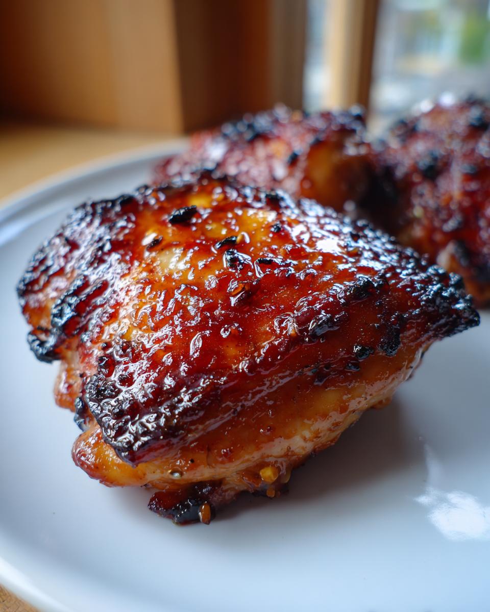 Close-up of a perfectly glazed and slightly charred Honey Garlic Chicken Thighs on a white plate.