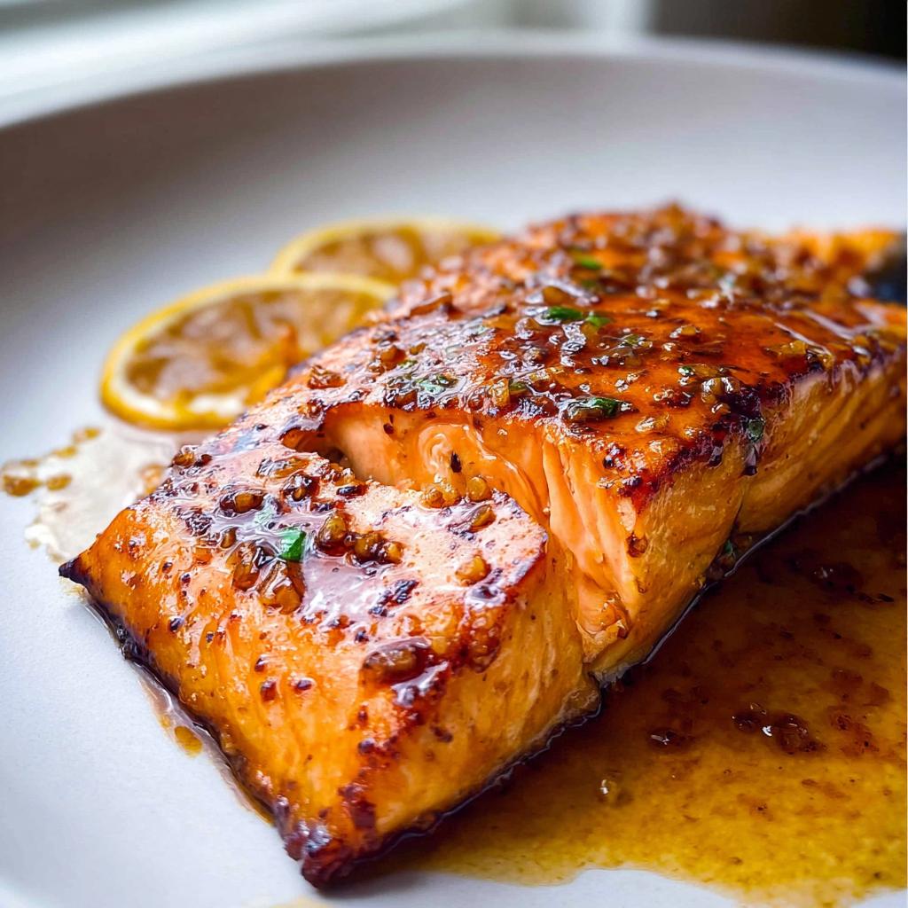 Close-up of a perfectly cooked fillet of Honey Garlic Salmon glazed with a sticky sauce, served with lemon slices.