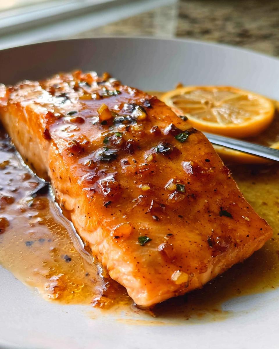 Close-up of a perfectly cooked Honey Garlic Salmon fillet covered in a thick, glossy glaze.