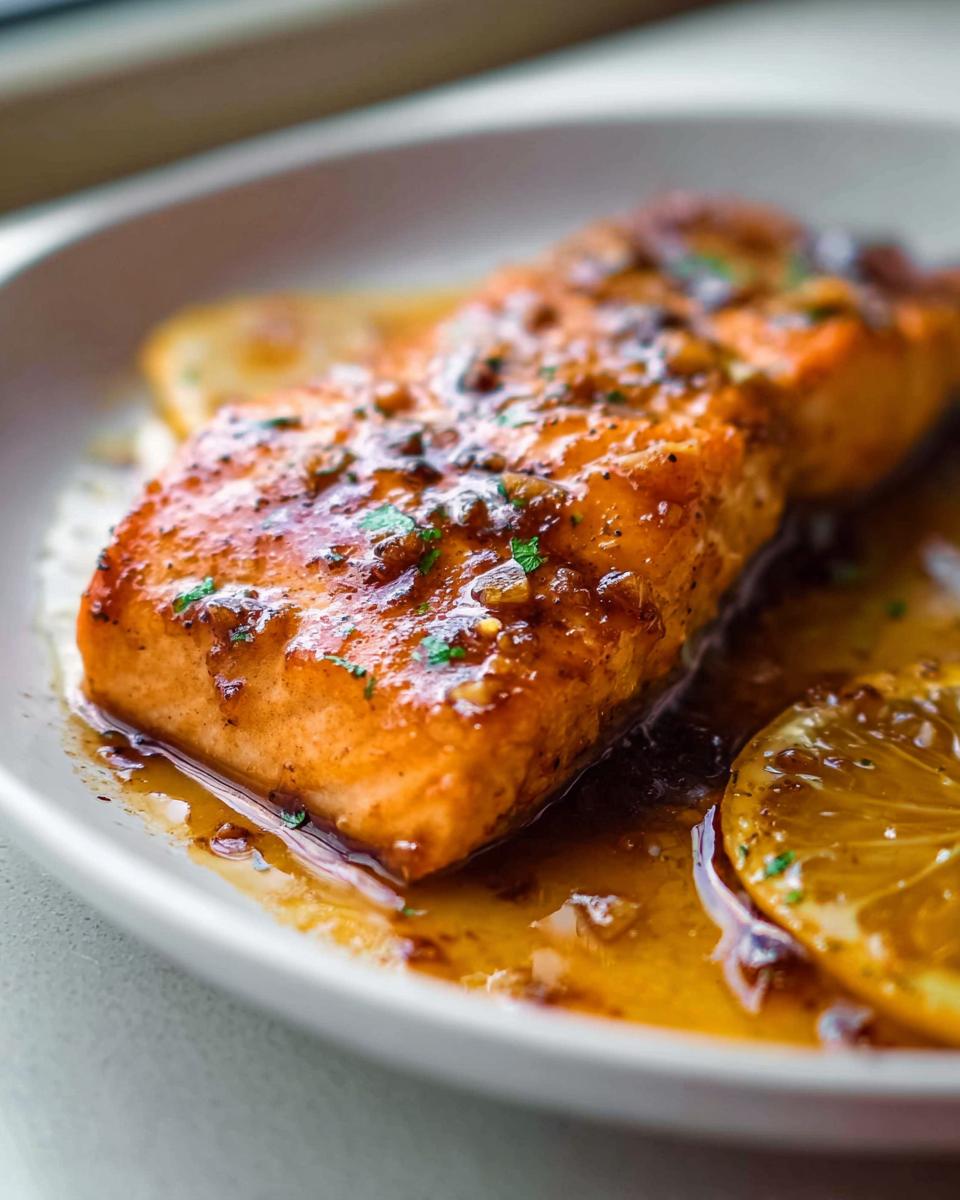Close-up of a perfectly cooked Honey Garlic Salmon fillet covered in a thick, glossy glaze, served with a lemon slice.