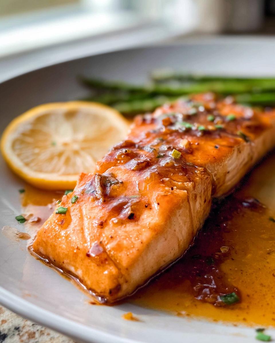 Close-up of a perfectly cooked Honey Garlic Salmon (Skillet) fillet covered in a shiny glaze, served with asparagus and a lemon slice.