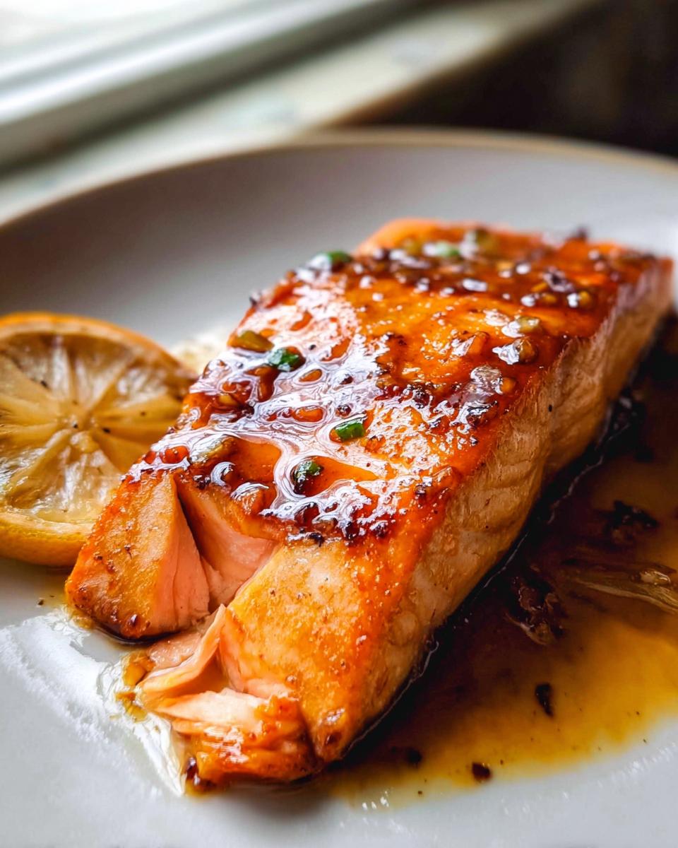 Close-up of a flaky Honey Garlic Salmon fillet covered in a glossy sauce, served with a lemon slice.