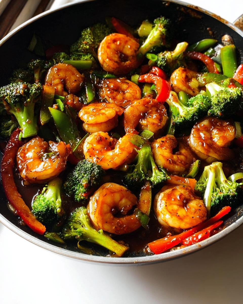Close-up of glossy Honey Garlic Shrimp Stir Fry with bright green broccoli and red peppers in a dark skillet.